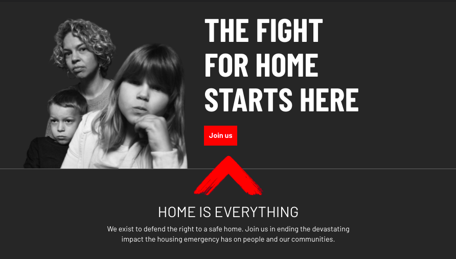 A Shelter campaign graphic with the headline 'The fight for home starts here'